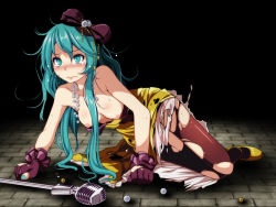 1girl blue_eyes blue_hair blush bow breasts female_focus gloves hair_bow hatsune_miku jewelry microphone nail_polish necklace nipples no_bra pantyhose pearl_necklace project_diva_(series) siren_(module) small_breasts solo tears torn_clothes torn_gloves torn_pantyhose tsukishiro_saika vocaloid rating:Questionable score:42 user:Dweenie