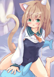  1girl animal_ear_fluff animal_ears bare_legs barefoot bed blue_one-piece_swimsuit blush breasts brown_hair cat_ears cat_girl cat_tail clothes_lift collared_shirt commentary_request covered_navel curtains green_eyes hair_between_eyes highres indoors long_sleeves manabe_mana old_school_swimsuit on_bed one-piece_swimsuit original parted_lips puffy_long_sleeves puffy_sleeves school_swimsuit shirt shirt_lift sleeves_past_wrists small_breasts solo straddling swimsuit swimsuit_under_clothes tail white_shirt 