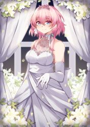  1girl absurdres alternate_costume blue_eyes breasts bride closed_mouth commentary dress earrings english_commentary flower highres honkai:_star_rail honkai_(series) jewelry kwkunai march_7th_(honkai:_star_rail) medium_breasts medium_hair pink_eyes pink_hair pink_pupils ring single_earring sleeveless sleeveless_dress smile solo tiara wedding_dress wedding_ring white_dress 