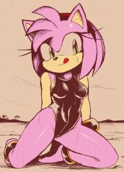  1girl amy_rose anklet black_leotard bracelet breasts full_body furry furry_female green_eyes hairband hedgehog_ears jewelry leotard medium_breasts pink_hair red_hairband solo sonic_(series) souldroids sweat wind 