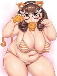  1girl animal_ear_fluff animal_ears bikini blush breasts brown_bikini brown_eyes brown_hair brown_tail cameltoe cleavage clenched_hand closed_mouth commentary_request covered_erect_nipples cowboy_shot drill_hair fake_animal_ears fat food food_in_mouth glasses gradient_background hairband highres holding holding_food kurowa-san_(orizen) large_breasts leaning_forward long_hair looking_at_viewer navel original orizen pink_background plump simple_background solo string_bikini striped_bikini striped_clothes swimsuit tail tareme thick_arms thick_thighs thighs twin_drills white_background 