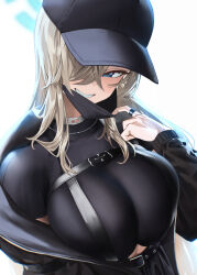  1girl absurdres alternate_costume asuna_(blue_archive) belt black_belt black_hat black_mask black_shirt blue_archive blue_eyes blue_halo breasts chest_harness grin hair_over_one_eye halo harness hat highres kazane-wind large_breasts light_brown_hair long_hair long_sleeves mask mouth_mask shirt short_sleeves simple_background smile solo white_background 