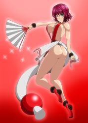  1girl ass blush breasts cleavage cosplay covered_erect_nipples folding_fan gradient_background green_eyes hand_fan highres large_breasts legs long_legs looking_at_viewer looking_back mikado_ryouko one_eye_closed panties purple_hair red_background revealing_clothes school_nurse shiranui_mai shiranui_mai_(cosplay) short_hair sideboob simple_background socks solo swimsuit thighs thong to_love-ru tom-supaiku underwear wink  rating:Questionable score:70 user:goldoa