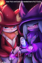  2boys :3 blue_eyes closed_mouth commentary cowboy_shot cum english_commentary english_text furry furry_male katress_(palworld) lumineko male_focus multiple_boys nipples pal_(creature) palworld penis purple_eyes testicles uncensored wixen 
