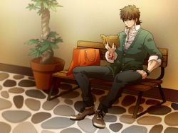  1boy akei bad_id bad_pixiv_id bench black_eyes blurry book brown_hair casual command_spell depth_of_field fate/zero fate_(series) hand_in_pocket kotomine_kirei male_focus open_book plant potted_plant reading shoes sitting sneakers solo sweater 
