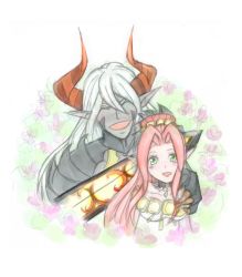  1boy 1girl alfa_system armor asras blush breasts choker colored_skin durandal_(tales_of_innocence) closed_eyes flower green_eyes grey_skin highres horns inanna long_hair open_mouth pointy_ears red_hair sword tales_of_(series) tales_of_innocence very_long_hair weapon white_hair 