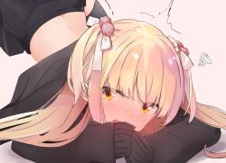  1girl black_thighhighs blonde_hair blush commentary_request embarrassed highres jack-o&#039;_challenge long_hair open_mouth original pan-chan_(pan_(pixiv41343614)) pan_(pixiv41343614) protected_link simple_background sleeves_past_fingers sleeves_past_wrists solo tagme thighhighs twintails yellow_eyes zettai_ryouiki 