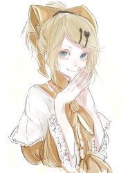 1girl aku_no_musume_(vocaloid) aqua_eyes blonde_hair blue_eyes bow choker dress evil_smile evillious_nendaiki flower frilled_dress frills hair_bow hair_ornament hairclip interlocked_fingers long_sleeves looking_at_viewer mizutame_tori orange_bow own_hands_clasped own_hands_together pale_skin puffy_long_sleeves puffy_sleeves riliane_lucifen_d&#039;autriche rose sketch smile solo vocaloid rating:Sensitive score:1 user:danbooru