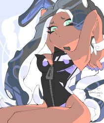  absurdres alternate_color armpits breasts cleavage green_eyes hair_ornament highres large_breasts leather leotard marina_(splatoon) mocamocaink mole mole_under_mouth nintendo octoling playboy_bunny presenting_armpit rabbit_ears rabbit_hair_ornament rabbit_tail shiny_clothes simple_background splatoon_(series) splatoon_2 tentacle_hair tentacles zipper  rating:Questionable score:22 user:smocktobot