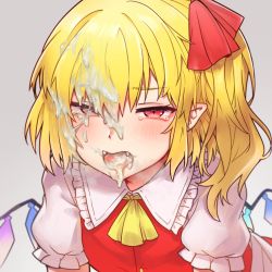  13o 1girl blonde_hair collared_shirt crystal cum cum_in_mouth cum_on_hair flandre_scarlet frills grey_background hair_between_eyes half-closed_eyes highres loli open_mouth pointy_ears puffy_short_sleeves puffy_sleeves red_eyes red_shirt shirt short_hair short_sleeves simple_background solo tagme tongue tongue_out touhou white_background wings  rating:Explicit score:148 user:WeeHen