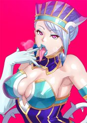 1girl armor blue_hair blue_lips blue_rose_(tiger_&amp;_bunny) breasts breath covered_erect_nipples detached_collar earrings elbow_gloves eyeshadow fake_nails fingernails_over_gloves gloves headdress jewelry kisuu large_breasts lips lipstick long_tongue looking_at_viewer makeup mature_female nipples open_mouth oral_invitation pink_background pink_eyes see-through see-through_armor sidelocks smile solo thick_lips thorns tiger_&amp;_bunny tongue tongue_out upper_body 
