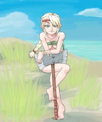  1girl astrid_hofferson axe battle_axe between_toes blonde_hair blue_eyes braid breasts cleavage covering_privates dreamworks earrings female_focus how_to_train_your_dragon jewelry nude_cover smile solo toes viking warrior weapon  rating:Questionable score:70 user:Cosby_