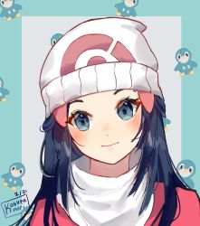  1girl artist_name beanie blue_background blue_eyes blue_hair blush closed_mouth commentary creatures_(company) dated dawn_(pokemon) forehead game_freak gen_4_pokemon grey_background hair_ornament hairclip hat jacket kobutanori long_hair looking_at_viewer nintendo piplup pokemon pokemon_dppt pokemon_platinum red_jacket smile solo two-tone_background upper_body white_hat  rating:General score:12 user:danbooru