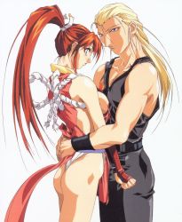 1boy 1girl andy_bogard ass bare_shoulders blonde_hair breasts fatal_fury hetero hug long_hair oobari_masami panties pelvic_curtain ponytail red_hair revealing_clothes rope shiranui_mai sideboob simple_background snk the_king_of_fighters thong underwear rating:Questionable score:34 user:danbooru