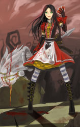  1girl alice:_madness_returns alice_(alice_in_wonderland) alice_in_wonderland alice_liddell_(american_mcgee&#039;s_alice) american_mcgee&#039;s_alice american_mcgee's_alice bad_id bad_pixiv_id black_hair blood boots card cross_akiha dated elbow_gloves gloves green_eyes highres holding holding_card long_hair pantyhose signature solo striped_clothes striped_pantyhose venus_symbol  rating:Questionable score:15 user:danbooru