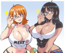  &gt;:) 2girls :p adjusting_eyewear ahoge arm_at_side arm_tattoo bare_shoulders bespectacled black-framed_eyewear black_hair blue_eyes breasts cleavage commentary cooler glasses hand_on_eyewear hand_up head_tilt highres large_breasts lewdamone looking_at_viewer medium_hair midriff multiple_girls nami_(one_piece) navel nico_robin official_alternate_costume one_piece orange_eyes orange_hair parted_bangs parted_lips plunging_neckline semi-rimless_eyewear short_sleeves smile stomach symbol-only_commentary tan tank_top tattoo tongue tongue_out under-rim_eyewear upper_body v-shaped_eyebrows vest  rating:Sensitive score:167 user:danbooru