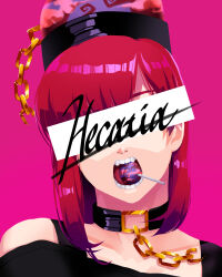  1girl bare_shoulders black_shirt broken broken_chain candy chain character_name collar commentary_request covered_eyes food gold_chain hair_behind_ear head_tilt hecatia_lapislazuli highres lollipop long_hair medium_bangs mixed-language_commentary mouth_hold nostrils off-shoulder_shirt off_shoulder open_mouth portrait purple_background red_hair shirt simple_background solo straight-on takayo_(user_yeah3737) teeth tongue touhou 