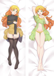 1girl arm_behind_head barefoot black_shirt blonde_hair breasts clothes_pull colored_eyelashes covered_erect_nipples dakimakura_(medium) dress elf feet finger_to_mouth full_body gluteal_fold gradient_hair green_eyes hair_ornament heart heart_hair_ornament isekai_ojisan linea_alba long_hair long_sleeves looking_at_viewer lying moeanime multicolored_hair multiple_views navel no_bra no_shoes on_back open_clothes open_mouth pantyhose pantyhose_pull pointy_ears raised_eyebrows shirt small_breasts sui_(isekai_ojisan) thigh_gap turtleneck rating:Questionable score:44 user:danbooru