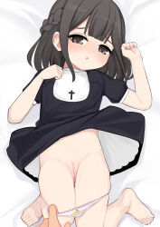  1boy 1girl arms_up barefoot black_dress black_hair blush braid brown_eyes clothes_lift dress dress_lift feet groin highres legs loli lying nun on_back open_mouth original panties panty_pull print_panties pulling_another&#039;s_clothes pussy short_hair short_sleeves surio thighs toes underwear white_panties 