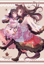  2girls animal_ears barefoot black_hair black_thighhighs bloomers blush carrot carrying carrying_person commentary dress fang fried_egg heart high_heels highres imaizumi_kagerou inaba_tewi long_hair long_sleeves maid_headdress masanaga_(tsukasa) multiple_girls pink_dress princess_carry puffy_short_sleeves puffy_sleeves rabbit_ears red_eyes short_hair short_sleeves spoken_heart spoken_sweatdrop sweatdrop symbol-only_commentary thighhighs touhou underwear white_bloomers wide_sleeves wolf_ears 