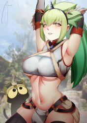  1girl alternate_costume alternate_hairstyle armpits arms_up blush breasts cat ceres_fauna cosplay fur_trim goggles goggles_on_headwear green_hair hair_branch holocouncil hololive hololive_english horns jamwes kirin_(armor) large_breasts long_hair midriff mole mole_under_eye monster_hunter_(series) navel open_mouth outdoors pelvic_curtain pilot_helmet ponytail signature smile snail_(ceres_fauna) solo stomach thighhighs underboob virtual_youtuber yellow_eyes  rating:Questionable score:10 user:1127V