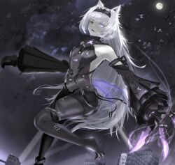  1girl absurdres animal_ears armlet backless_bodysuit black_bodysuit black_hairband bodysuit breasts city claw_(weapon) commentary detached_sleeves english_commentary full_moon grey_eyes grey_hair hair_intakes hairband heterochromia highres long_hair long_sleeves mechanical_ears mechanical_hands moon no.21:_feral_scent_(punishing:_gray_raven) no.21_(punishing:_gray_raven) punishing:_gray_raven saif_artz sidelocks sleeveless sleeveless_bodysuit small_breasts solo tail very_long_hair weapon wolf_ears wolf_tail 