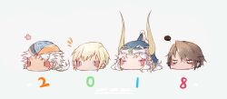  ... 4boys ace_(fft-0) bandana black_hair blonde_hair blue_eyes blue_helmet blush_stickers chibi chinese_commentary closed_eyes cropped_head dissidia_final_fantasy english_text fake_horns fermium.ice final_fantasy final_fantasy_i final_fantasy_ii final_fantasy_type-0 final_fantasy_viii firion forehead_jewel gem green_gemstone grey_background happy_new_year helmet horned_helmet horns jitome long_hair low_ponytail male_focus multiple_boys new_year notice_lines plume purple_eyes red_gemstone scar scar_on_face short_hair simple_background solid_oval_eyes speech_bubble spoken_flower squall_leonhart upper_body warrior_of_light_(ff1) white_hair 