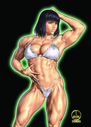  1girl abs arm_behind_head arm_up armpits biceps bikini black_background black_hair breasts cleavage covered_erect_nipples dairoku_tenma dated ghost_in_the_shell grin hand_on_own_stomach highleg highleg_bikini kusanagi_motoko large_breasts lifting_own_clothes lips looking_at_viewer muscular muscular_female navel outline panties panty_pull parted_lips realistic red_eyes short_hair simple_background skindentation smile solo standing strap_lift string_bikini swimsuit thick_thighs thighs underwear veins white_bikini  rating:Questionable score:38 user:danbooru