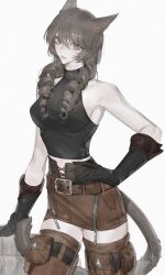  1girl absurdres animal_ears bare_shoulders belt_pouch black_gloves breasts brown_eyes brown_hair brown_skirt brown_thighhighs cat_ears cat_tail closed_mouth contrapposto drill_hair facial_mark final_fantasy final_fantasy_xiv gloves hand_on_own_hip highres large_breasts long_hair looking_at_viewer midriff_peek miniskirt miqo&#039;te navel pouch shirt simple_background skirt sleeveless sleeveless_shirt solo standing tail thighhighs tladpwl03 warrior_of_light_(ff14) whisker_markings white_background 