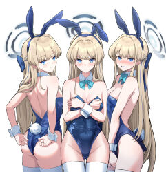  3girls absurdres animal_ears ass blonde_hair blue_archive blue_bow blue_bowtie blue_eyes blue_hair blue_leotard blush bow bowtie braid breasts detached_collar fake_animal_ears fake_tail groin highres leotard long_hair looking_at_viewer medium_breasts multicolored_hair multiple_girls multiple_persona rabbit_ears rabbit_tail simple_background strapless strapless_leotard streaked_hair tail thighhighs toki_(blue_archive) toki_(bunny)_(blue_archive) white_background white_thighhighs wrist_cuffs yeogpu_(seung832222) 