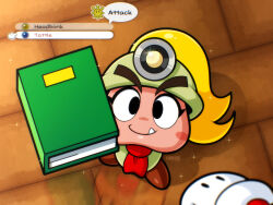  1girl artist_name ascot blonde_hair blush_stickers book english_text fang full_body gloves goomba goombella highres holding holding_book linker long_hair looking_at_viewer mario mario_(series) menu mining_helmet nintendo paper_mario paper_mario:_the_thousand_year_door red_ascot reflection shadow shine_sprite smile solo_focus sparkle white_gloves 