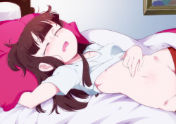 10s 1girl bed blunt_bangs breasts brown_hair closed_eyes clothes_lift clothes_pull commentary groin jcm2 kagari_atsuko little_witch_academia long_hair lying messy_hair midriff navel on_back open_mouth out-of-frame_censoring pillow red_shorts shirt shirt_lift shirt_pull short_sleeves shorts sleeping small_breasts solo underboob white_shirt rating:Questionable score:444 user:danbooru