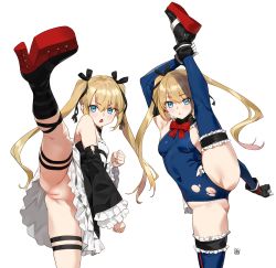 2girls absurdres ankle_boots bare_shoulders black_footwear black_ribbon blonde_hair blue_eyes blue_legwear blue_leotard blush boots bow breasts cleft_of_venus dead_or_alive dead_or_alive_5 detached_sleeves dress dual_persona frilled_leotard frills hair_ornament hair_ribbon high_kick highres kicking knee_boots legs leotard loli long_hair looking_at_viewer marie_rose multiple_girls no_panties nude_filter open_mouth platform_footwear pussy ribbon small_breasts split standing standing_on_one_leg standing_split thighs third-party_edit twintails uncensored yd_(orange_maru) rating:Explicit score:323 user:bbyyccxx
