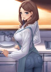  1girl absurdres apron ass blue_eyes breasts brown_hair commentary_request denim fate/grand_order fate_(series) green_apron highres indoors jeans kitchen large_breasts leonardo_da_vinci_(fate) long_hair looking_at_viewer looking_back open_mouth pants parted_bangs plate ranma_(kamenrideroz) sink smile solo sweater white_sweater  rating:Sensitive score:20 user:danbooru