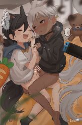  2boys absurdres animal_ears black_choker black_hair black_hoodie black_socks bottomless child_on_child chinese_commentary chinese_text choker closed_eyes commentary_request dark-skinned_male dark_skin drawstring ear_tag egg_vibrator erection extra_ears foreskin hair_between_eyes handheld_game_console highres holding_hands hood hood_down hoodie interlocked_fingers interracial long_sleeves lying male_focus multiple_boys nintendo_switch omurice_(roza4957) on_side open_mouth orange_eyes original parted_lips pendant_choker penis phimosis sex_toy shirt short_hair short_sleeves shota sleeves_past_wrists small_penis socks stuffed_animal stuffed_carrot stuffed_toy tail teddy_bear testicles translation_request vibrator white_hair white_shirt yaoi  rating:Explicit score:131 user:danbooru