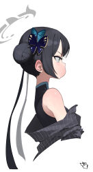 1girl absurdres bare_shoulders black_dress black_hair blue_archive butterfly_hair_ornament chanism! china_dress chinese_clothes coat commentary_request dress from_side hair_bun hair_ornament halo highres kisaki_(blue_archive) looking_to_the_side pinstripe_pattern pout profile simple_background sleeveless solo striped striped_coat upper_body vertical-striped_coat white_background rating:General score:7 user:danbooru