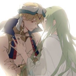  1boy 1other absurdres arabian_clothes bad_id bad_pixiv_id bare_shoulders blonde_hair closed_eyes closed_mouth crossed_arms earrings enkidu_(fate) fading fate/strange_fake fate_(series) gilgamesh gilgamesh_(caster)_(fate) gilgamesh_(fate) green_hair hair_between_eyes highres jewelry long_hair long_sleeves parted_lips red_eyes robe simple_background turban upper_body very_long_hair white_background white_robe wide_sleeves zhibuji_loom  rating:Sensitive score:5 user:danbooru