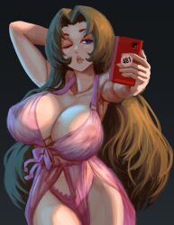  1girl arm_behind_head blue_eyes breasts brown_hair cleavage collarbone covered_erect_nipples dudeunderscore hair_intakes holding large_breasts limbus_company lingerie long_hair nightgown phone project_moon rodion_(project_moon) see-through simple_background solo underwear very_long_hair 
