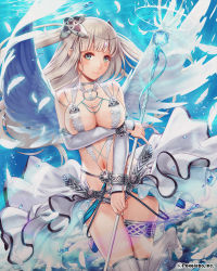 1girl angel_wings aqua_eyes bare_shoulders blush bracelet breast_hold breasts circlet cleavage covering_privates covering_crotch feathered_wings feathers female_focus groin headgear jewelry large_breasts long_hair looking_at_viewer mana_(remana) navel official_art revealing_clothes silver_hair skindentation smile solo staff thigh_strap twintails unmei_no_clan_battle wings rating:Sensitive score:75 user:danbooru