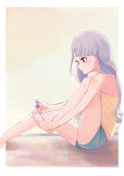  1girl absurdres applying_pedicure bare_legs barefoot blush camisole clipping_toenails from_side green_shorts grey_hair highres hisakawa_nagi holding_own_foot idolmaster idolmaster_cinderella_girls knees_up nail_clippers ryus short_shorts shorts sitting solo spread_toes toes twintails yellow_camisole 