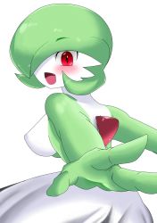 1girl absurdres blush breasts covered_erect_nipples creatures_(company) fang from_behind game_freak gardevoir gen_3_pokemon green_hair hair_over_one_eye hand_up happy highres large_breasts looking_at_viewer looking_back mizo_ne nintendo open_mouth outstretched_arms pokemon pokemon_(creature) pokemon_rse short_hair smile solo standing teeth third-party_edit transparent_background