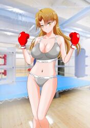 1girl blonde_hair boxing_gloves boxing_ring breasts cleavage highres large_breasts legs long_hair looking_at_viewer midriff navel original panties parted_lips pink_lips smile solo sports_bra thighs underwear yellow_eyes