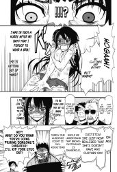  2girls 3boys angry black_hair blush breasts comic embarrassed flustered greyscale hard-translated heterochromia highres kenzaki_ameri lady_justice mask monochrome multiple_boys multiple_girls official_art ogino_ken phone recording shorts shouting speech_bubble stan_lee sunglasses third-party_edit torn_clothes wardrobe_malfunction 