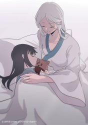  2girls bai_muzhen bai_yuxiu bed black_hair blanket chinese_clothes collarbone closed_eyes feng_ling_yu_xiu hair_down hand_on_another&#039;s_shoulder hanfu lofter_username mother_and_daughter multiple_girls pillow sleeping smile stuffed_animal stuffed_toy white_background white_hair wide_sleeves xie&#039;en_shi_shane aged_down  rating:General score:3 user:ClaudiaTiedemann