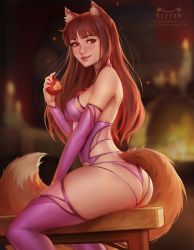 1girl animal_ears apple ass bare_shoulders breasts brown_hair cleavage female_focus food from_side fruit holo kittew long_hair looking_at_viewer looking_back medium_breasts nail_polish panties purple_panties purple_thighhighs realistic red_eyes sitting smile solo spice_and_wolf tail thighhighs underwear wolf_ears wolf_girl wolf_tail rating:Explicit score:105 user:BaldurAnthology