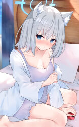  1girl absurdres animal_ear_fluff animal_ears bare_shoulders barefoot between_legs blue_archive blue_eyes blue_halo blush breasts bright_pupils camisole cleavage collarbone commentary foot_out_of_frame frilled_camisole frills grey_hair hair_between_eyes halo hand_between_legs hand_up hickey highres indoors long_sleeves looking_at_viewer medium_breasts medium_hair mi_taro333 mismatched_pupils nose_blush on_bed open_clothes open_shirt parted_lips purple_camisole shiroko_(blue_archive) shirt shy sitting solo spaghetti_strap straight_hair strap_slip tsurime wariza white_pupils white_shirt wide_sleeves wolf_ears 