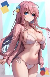 1girl absurdres alternate_breast_size bikini blue_eyes blush bocchi_the_rock! breasts closed_mouth covered_erect_nipples cowboy_shot cube_hair_ornament floating_hair gotoh_hitori hair_ornament highres jacket large_breasts long_hair navel open_clothes open_jacket pink_hair pink_jacket side_ahoge solo stomach swimsuit thighs track_jacket unstableboiler white_bikini rating:Questionable score:55 user:danbooru