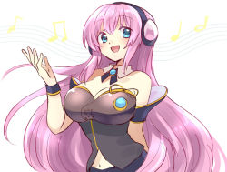1girl :d arched_back arm_behind_back bare_shoulders blue_eyes breasts cleavage detached_collar eyes_visible_through_hair fukumitsu_(kirarirorustar) gold_trim headphones large_breasts long_hair megurine_luka megurine_luka_(vocaloid4) musical_note narrow_waist navel open_mouth pink_hair simple_background smile solo upper_body very_long_hair vocaloid white_background