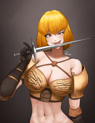  1girl :d armor black_gloves black_scarf blonde_hair breasts cleavage clementine_(overlord) criss-cross_halter dagger dark_background elbow_gloves fangs gauntlets gloves hair_between_eyes halterneck highres knife large_breasts licking licking_blade licking_weapon looking_at_viewer midriff navel noorung off-shoulder_shirt off_shoulder open_mouth overlord_(maruyama) pauldrons red_eyes scarf shirt short_hair shoulder_armor signature smile solo stomach teeth toned upper_body weapon  rating:Sensitive score:16 user:danbooru