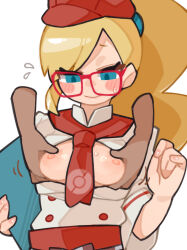  1girl absurdres aqua_eyes ascot blonde_hair blush_stickers buttons clenched_hand closed_mouth creatures_(company) disembodied_hand flying_sweatdrops game_freak glasses grabbing grabbing_another&#039;s_breast hat highres holding holding_menu jacket leah_(pokemon) long_hair looking_down menu nintendo pokemon pokemon_cafe_remix red-framed_eyewear red_ascot red_hat sweat sweelan waitress white_background 